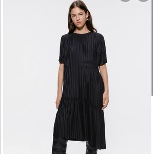 Black Zara Asymmetrical Midi Pleated Dress